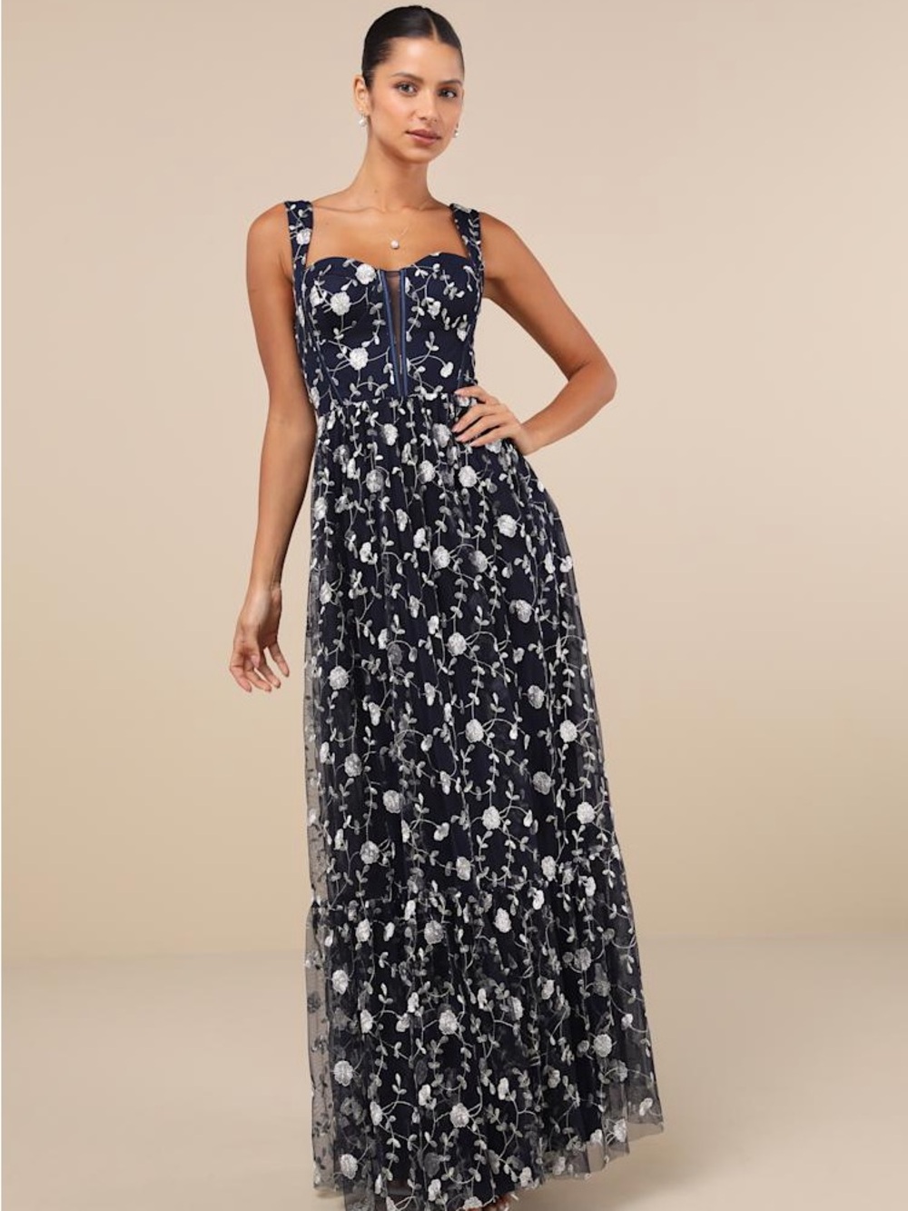 Lulu's Navy Maxi Dress with White Floral Embroidery